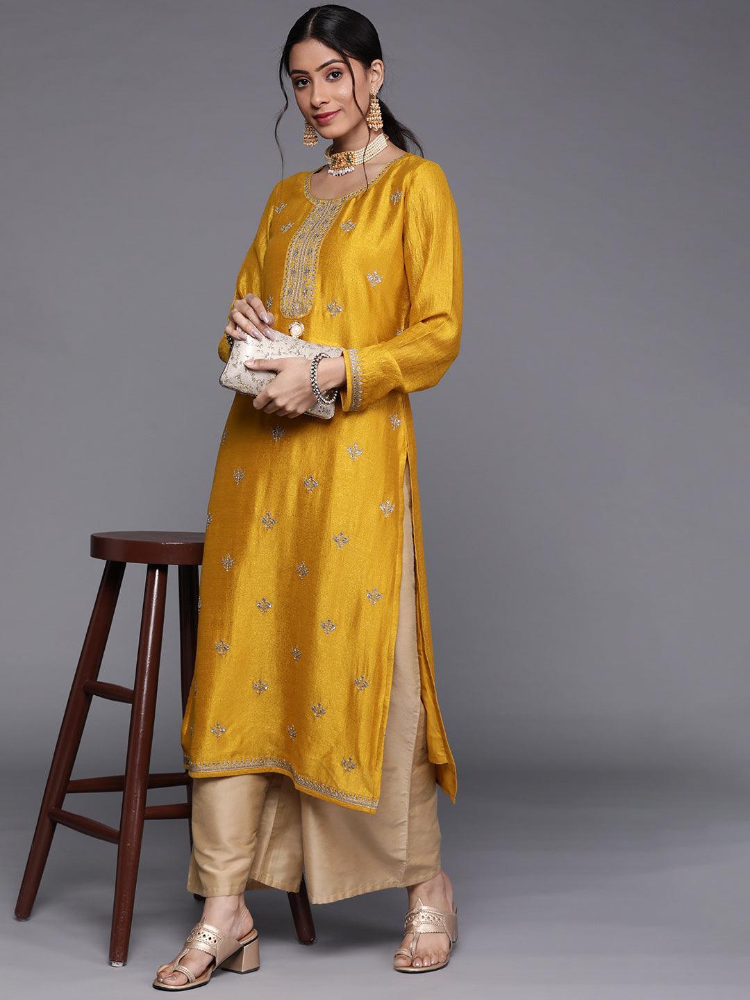 Yellow Embellished Silk Kurta - ShopLibas