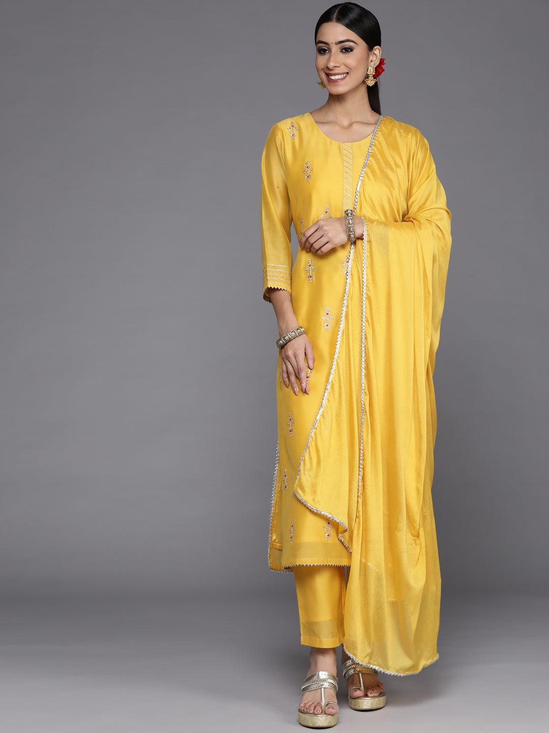 Yellow Embroidered Chanderi Silk Straight Suit Set