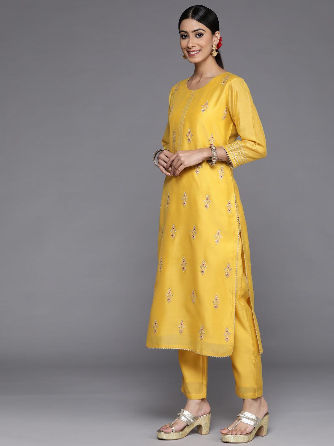 Yellow Embroidered Chanderi Silk Straight Suit Set