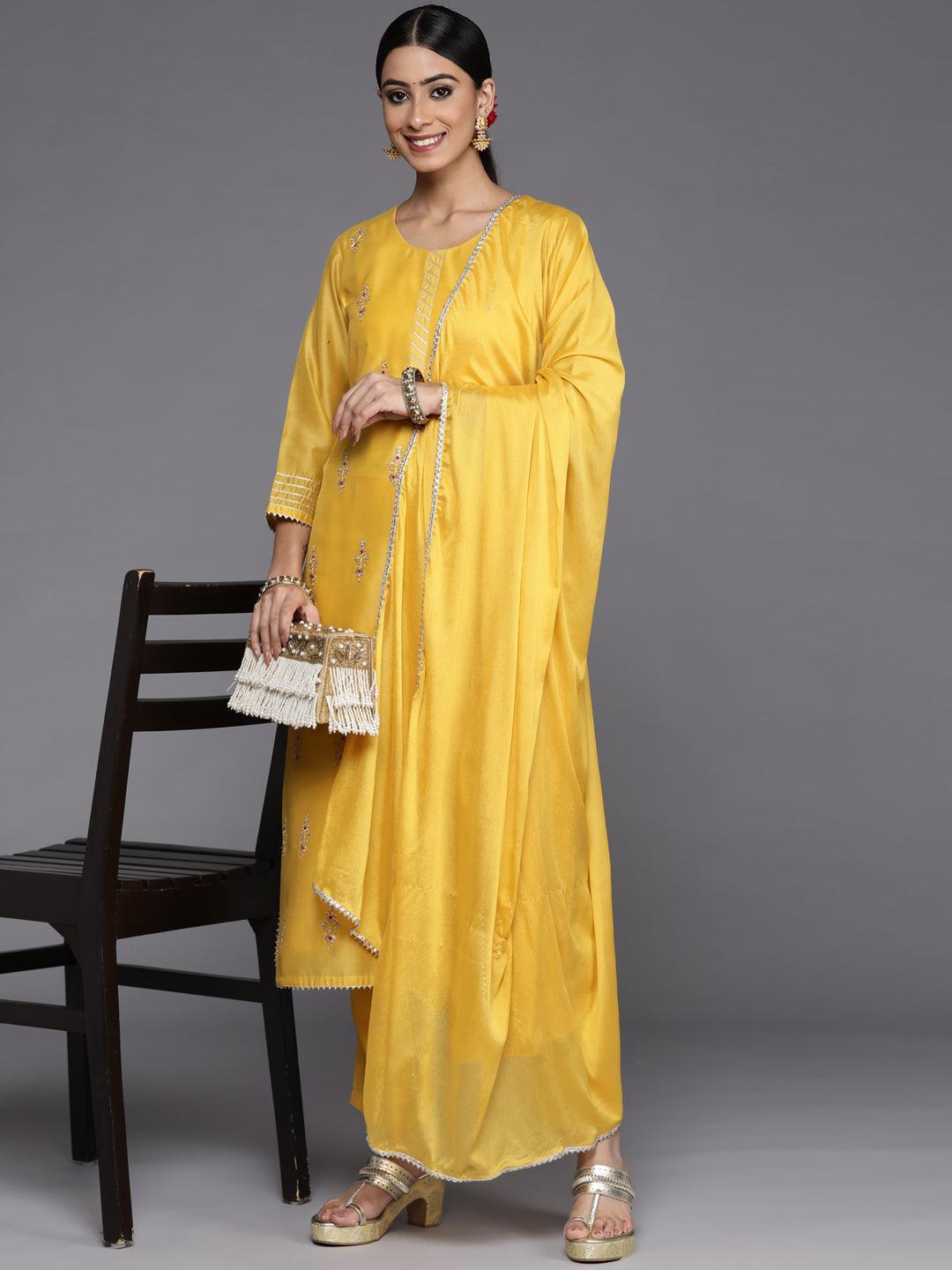 Yellow Embroidered Chanderi Silk Straight Suit Set