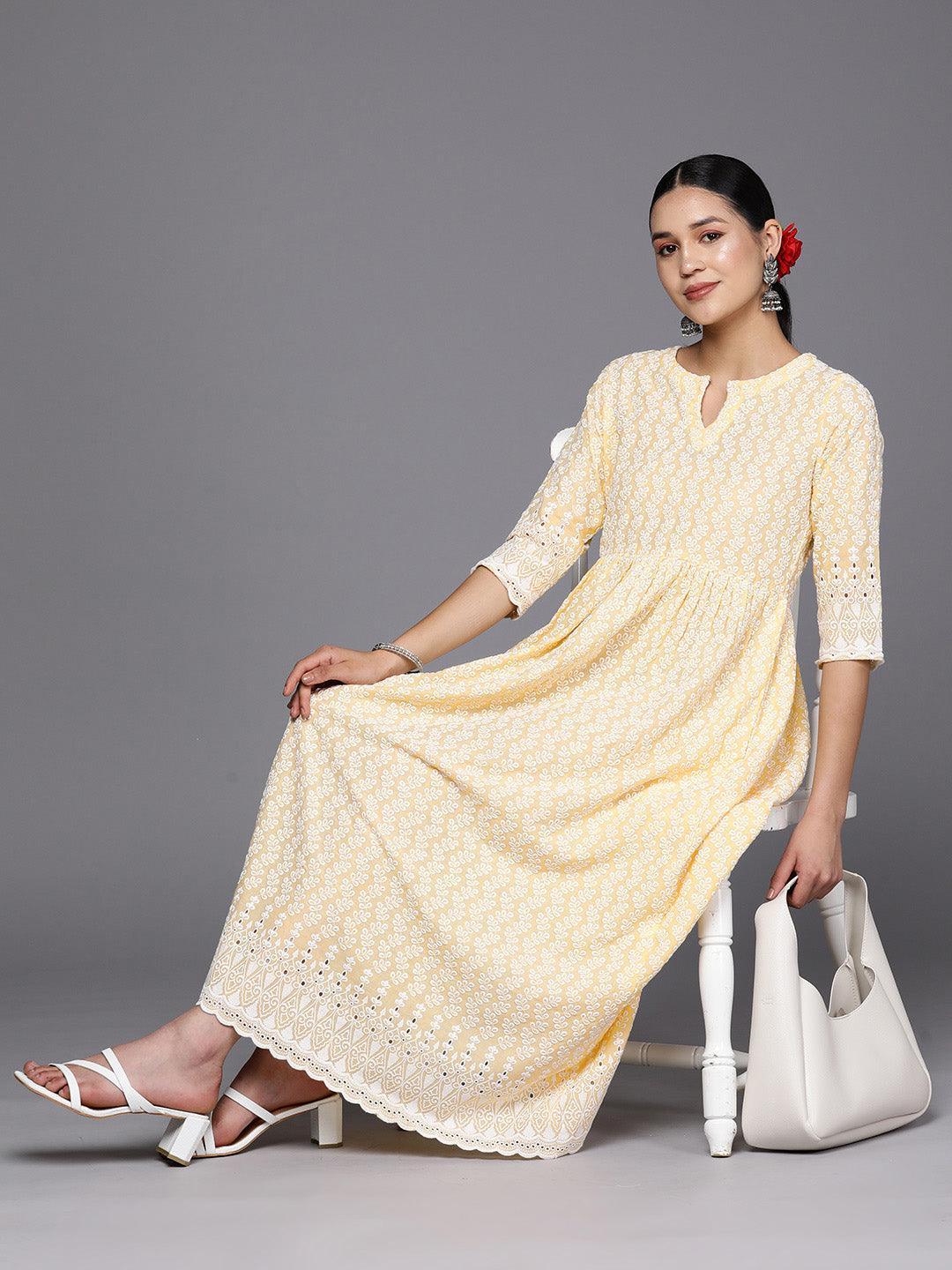 Yellow Embroidered Cotton Fit and Flare Dress