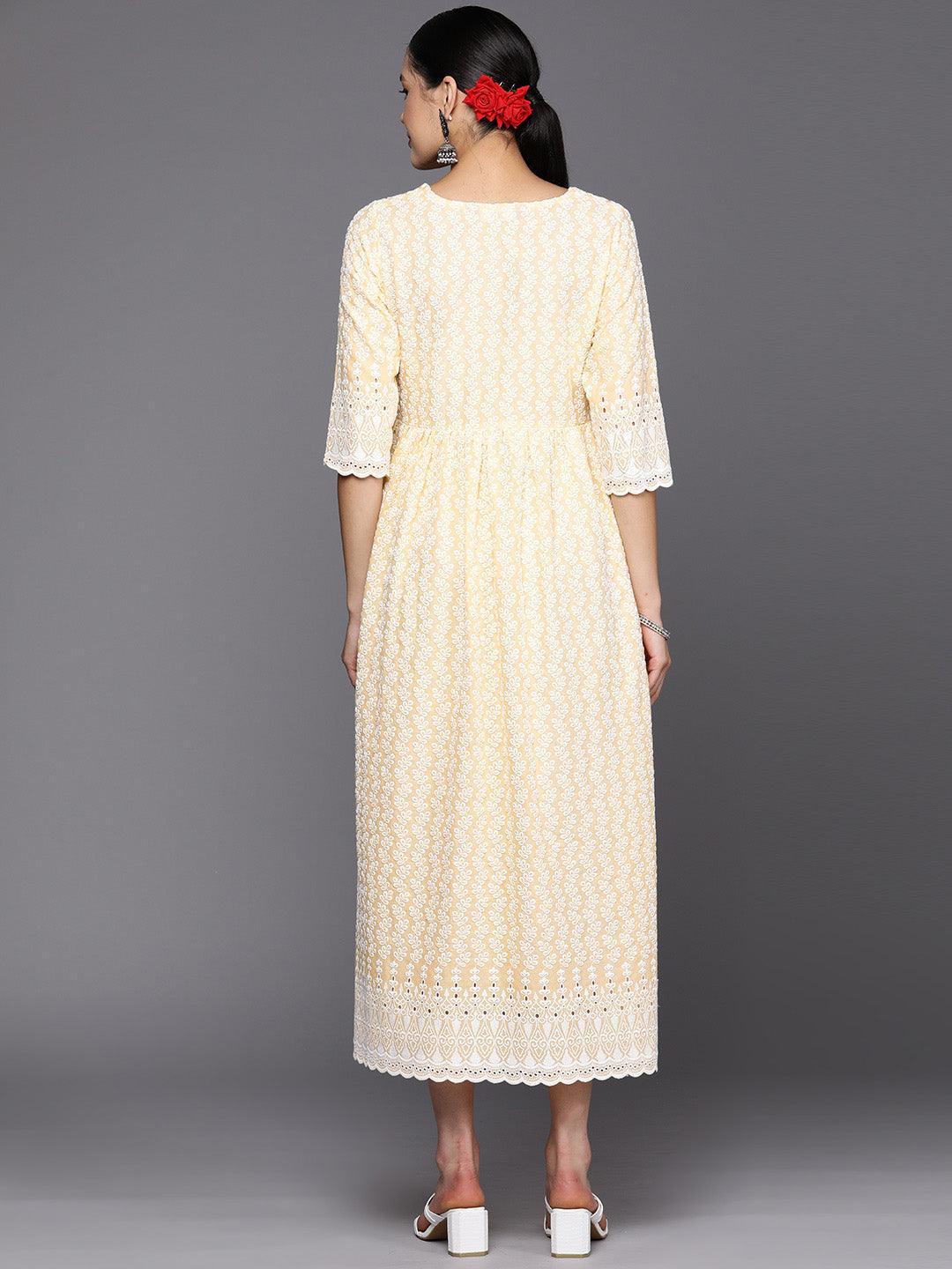 Yellow Embroidered Cotton Fit and Flare Dress