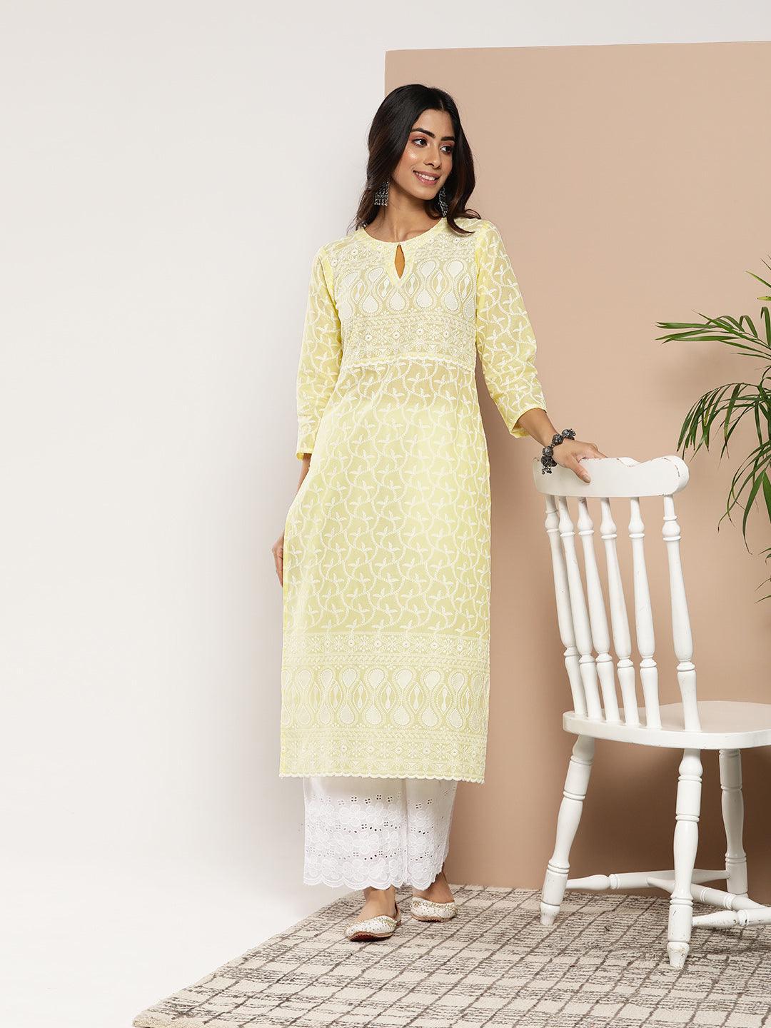 Yellow Embroidered Cotton Straight Kurta