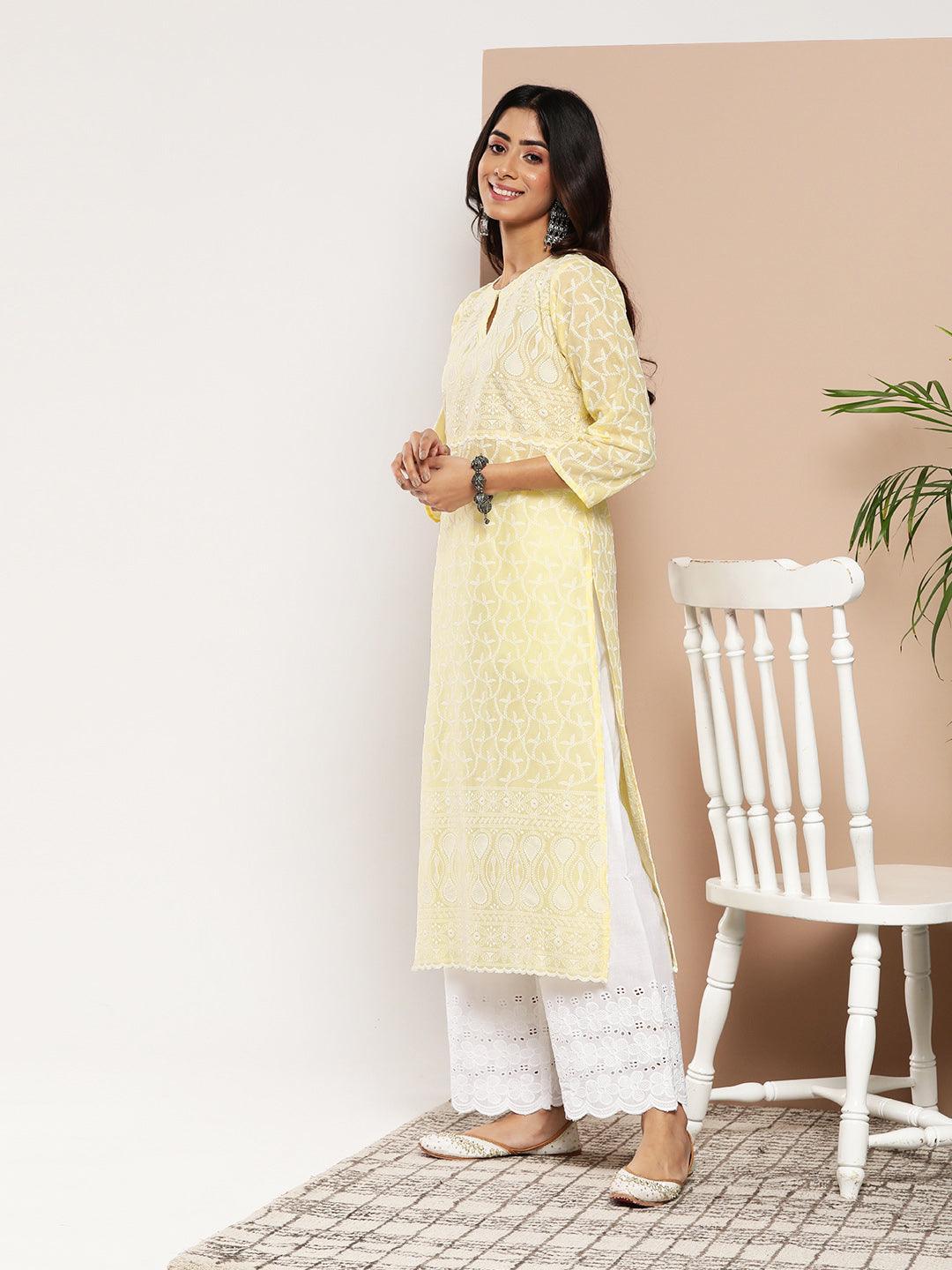 Yellow Embroidered Cotton Straight Kurta