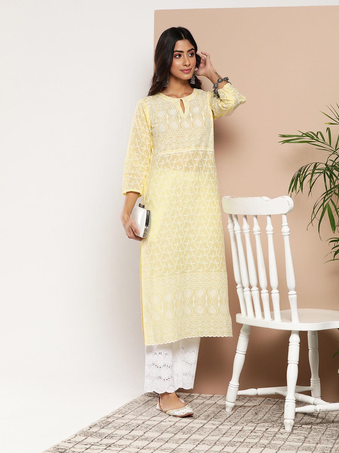 Yellow Embroidered Cotton Straight Kurta