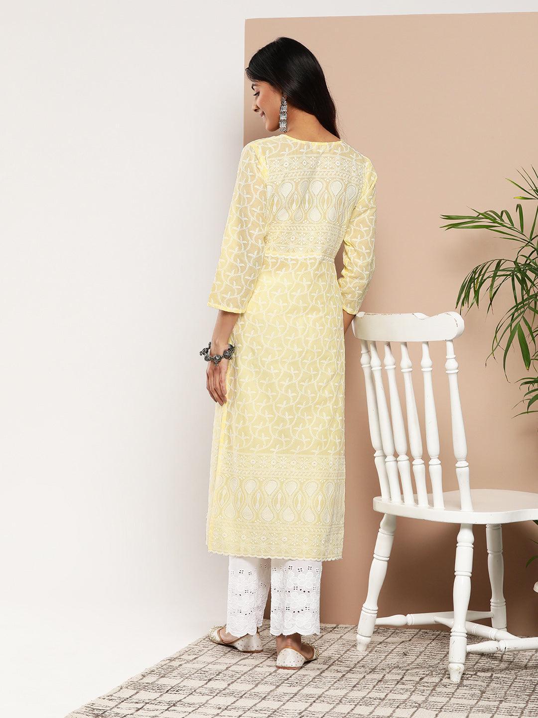 Yellow Embroidered Cotton Straight Kurta