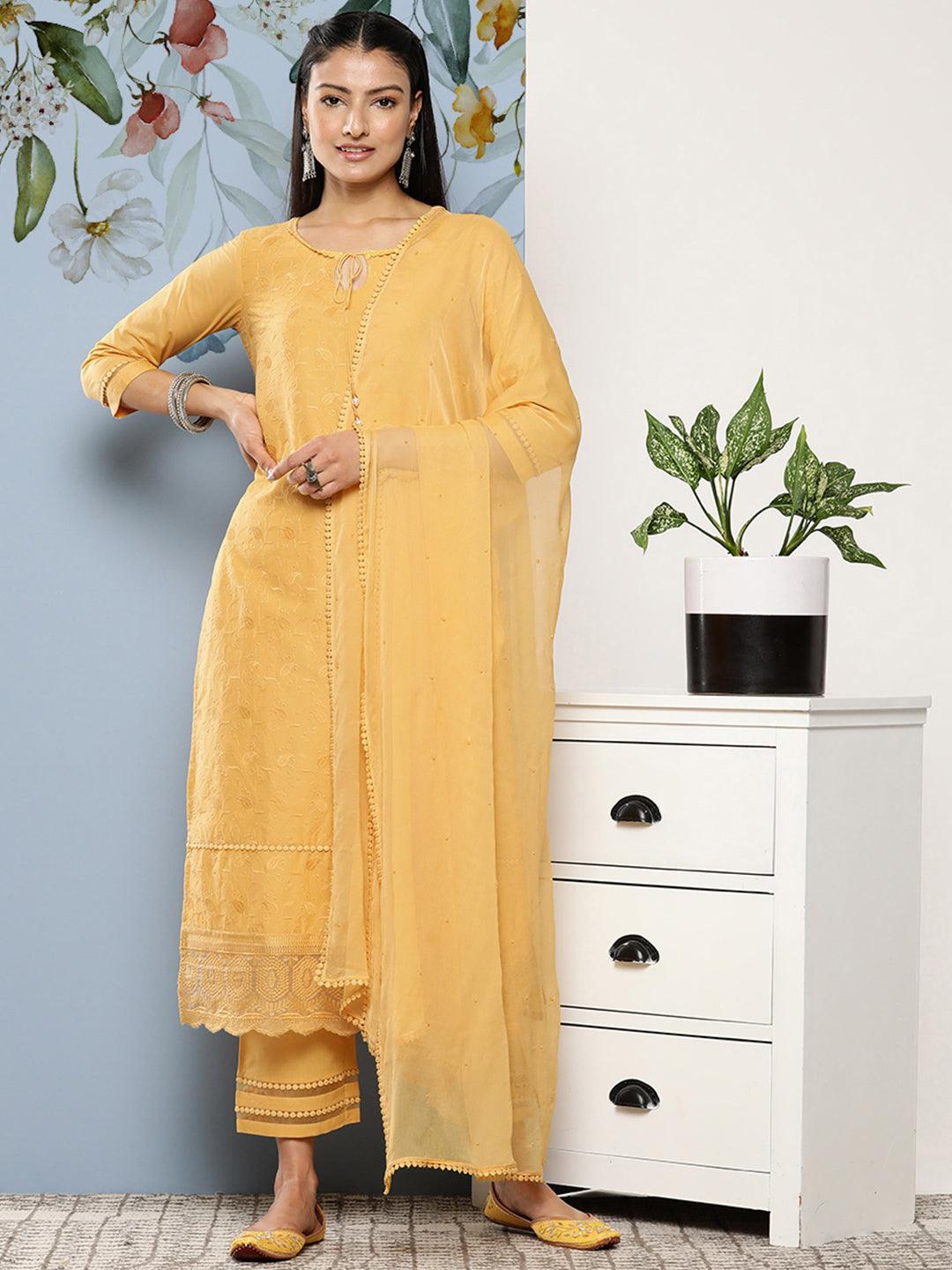 Yellow Embroidered Cotton Suit Set With Trousers