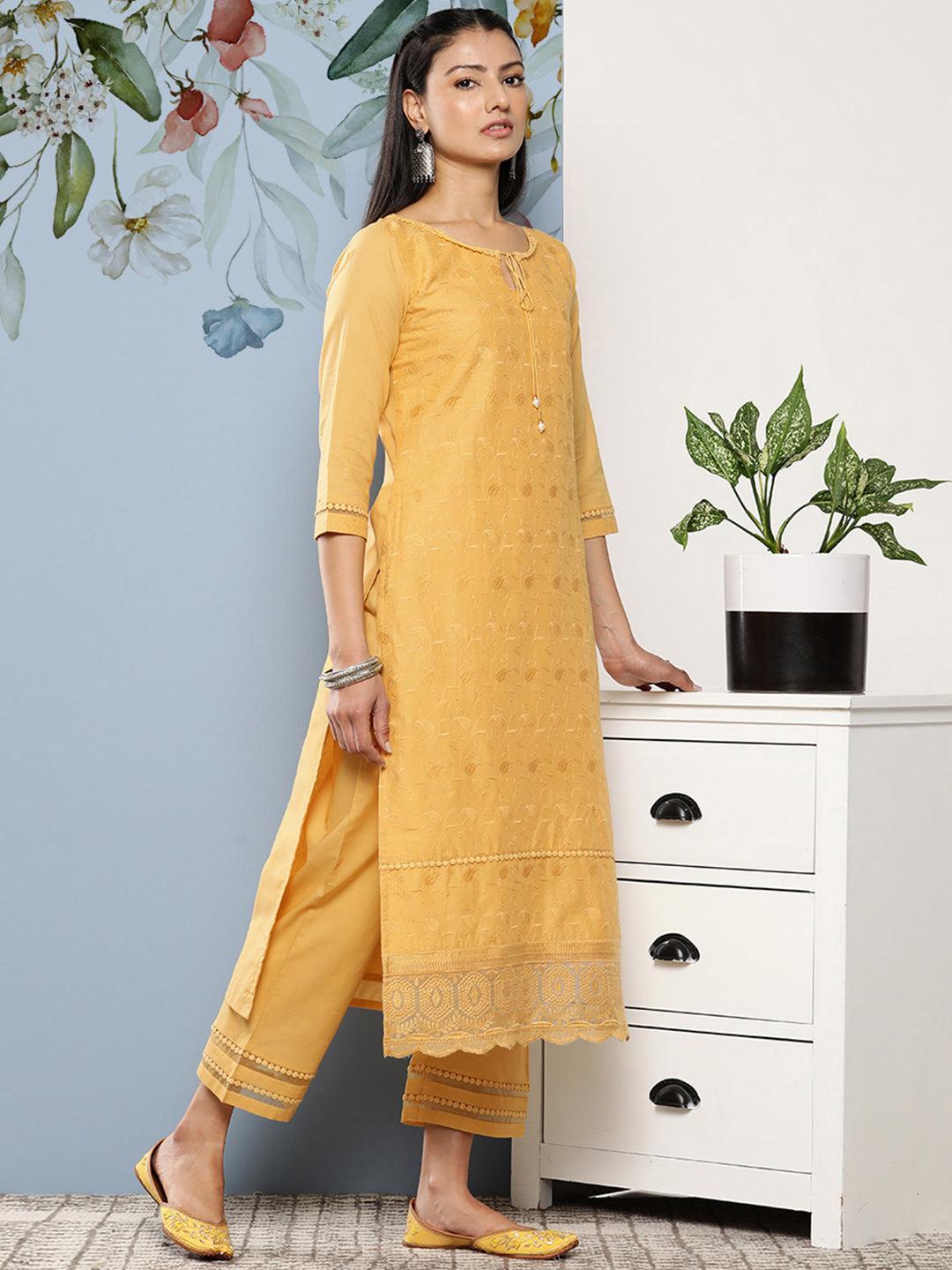 Yellow Embroidered Cotton Suit Set With Trousers