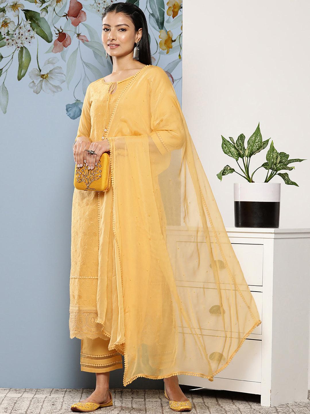 Yellow Embroidered Cotton Suit Set With Trousers