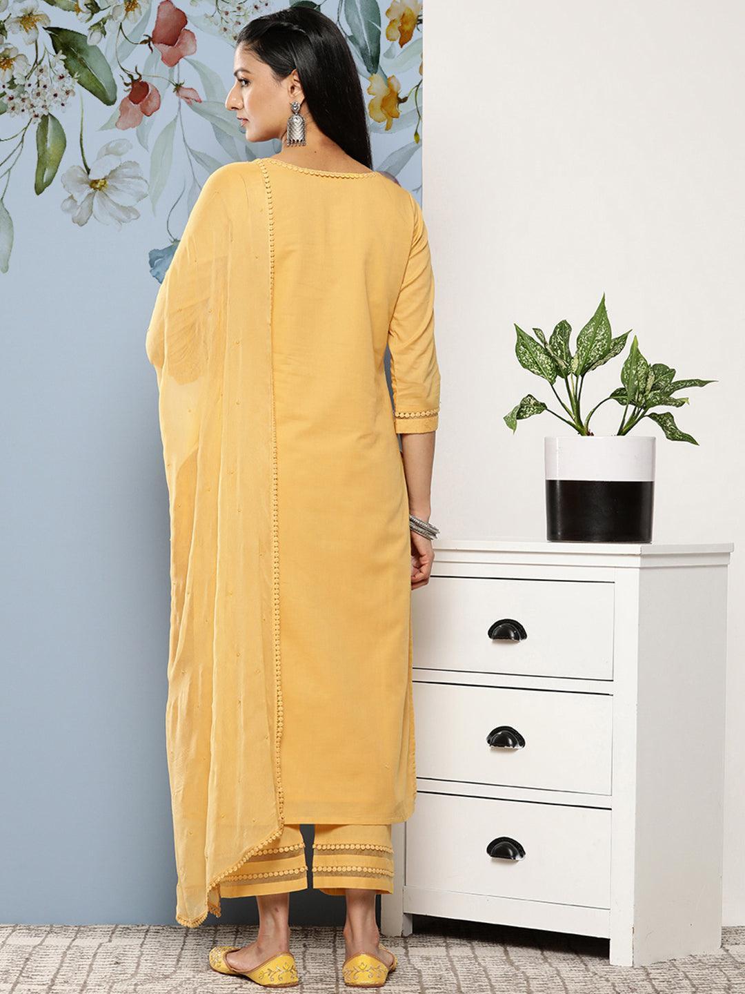 Yellow Embroidered Cotton Suit Set With Trousers