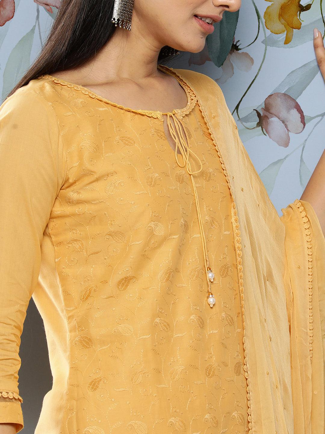 Yellow Embroidered Cotton Suit Set With Trousers