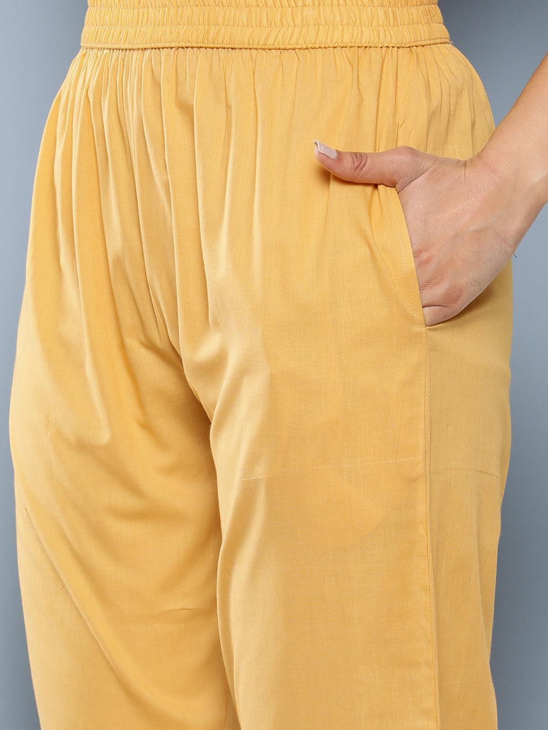 Yellow Embroidered Cotton Suit Set With Trousers