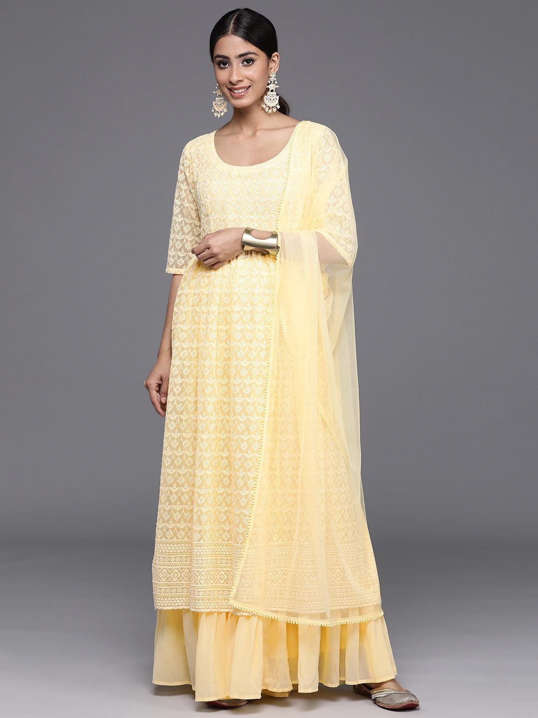 Yellow Embroidered Georgette A-Line Kurta With Palazzos & Dupatta