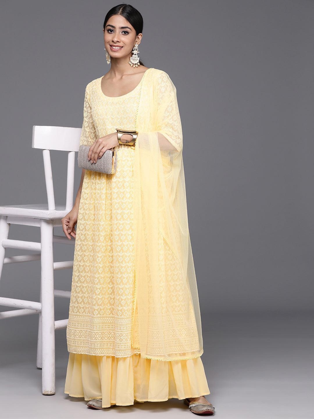 Yellow Embroidered Georgette A-Line Kurta With Palazzos & Dupatta