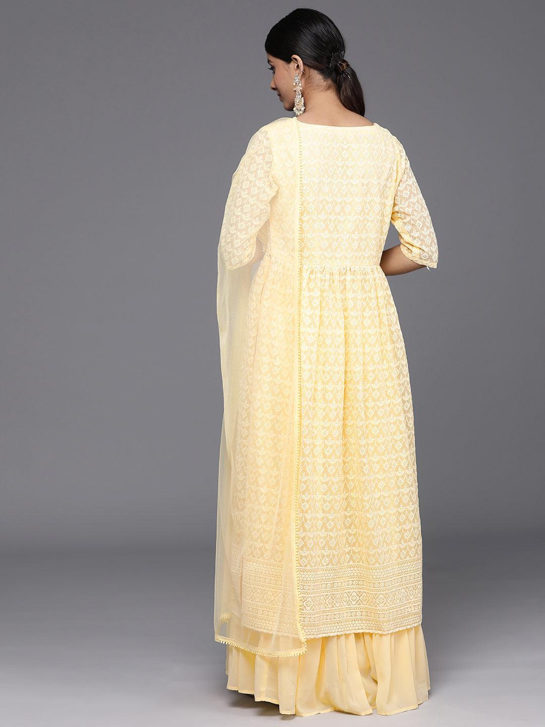 Yellow Embroidered Georgette A-Line Kurta With Palazzos & Dupatta