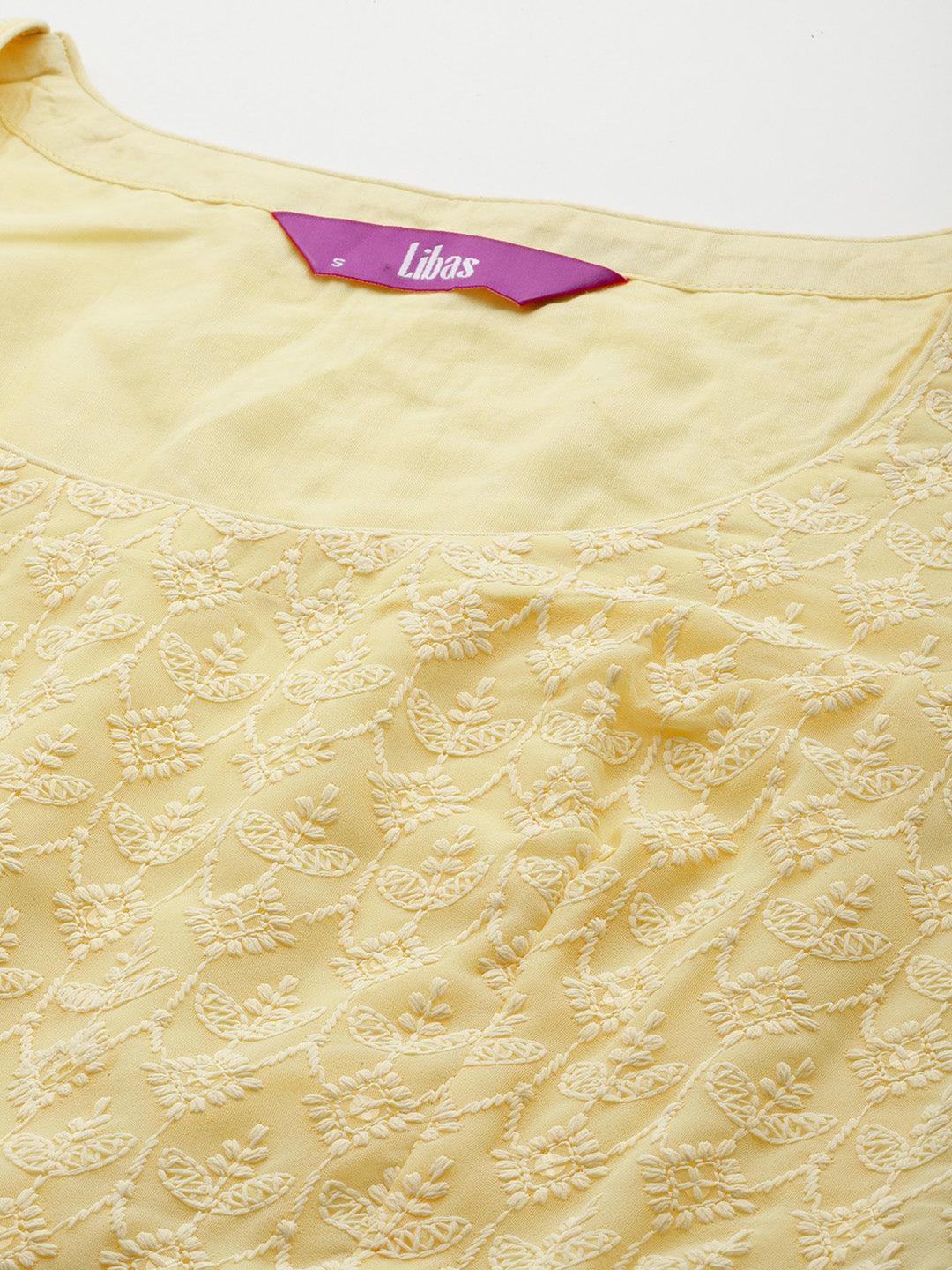 Yellow Embroidered Georgette A-Line Kurta With Palazzos & Dupatta - Libas