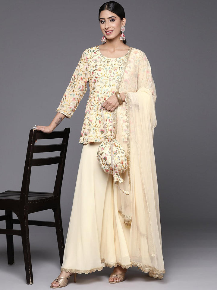 Yellow Embroidered Georgette A-Line Suit Set With Palazzos - ShopLibas