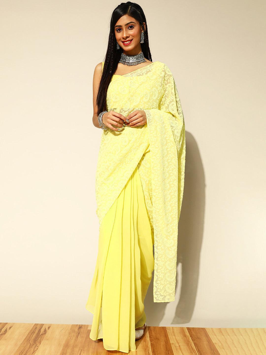 Yellow Embroidered Georgette Saree - ShopLibas