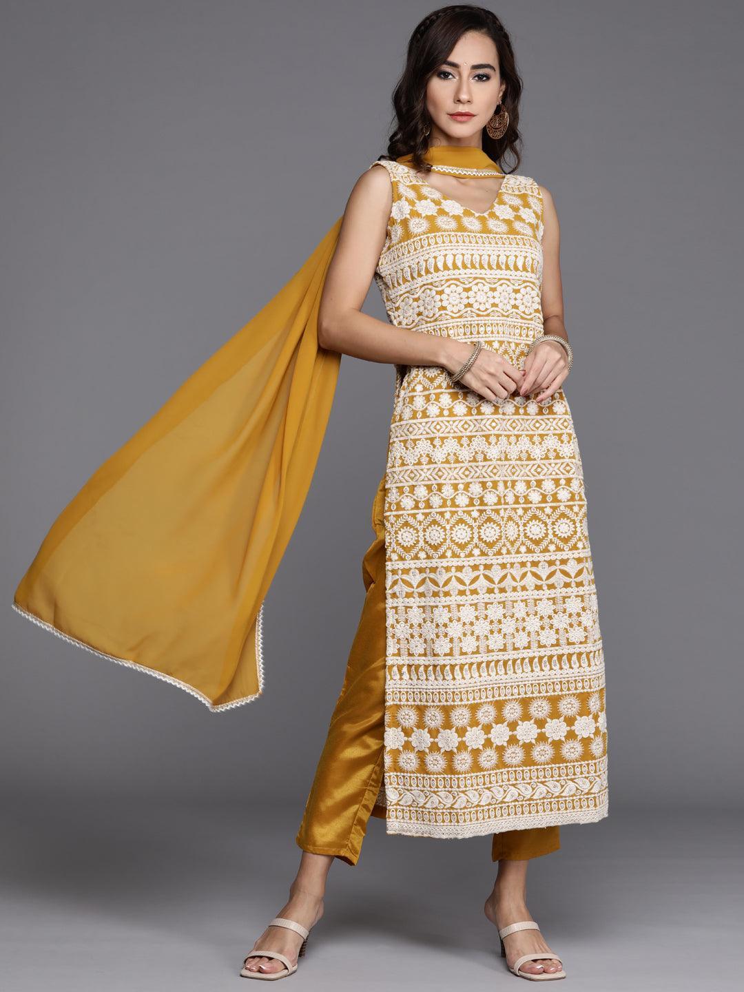 Yellow Embroidered Georgette Straight Kurta With Dupatta