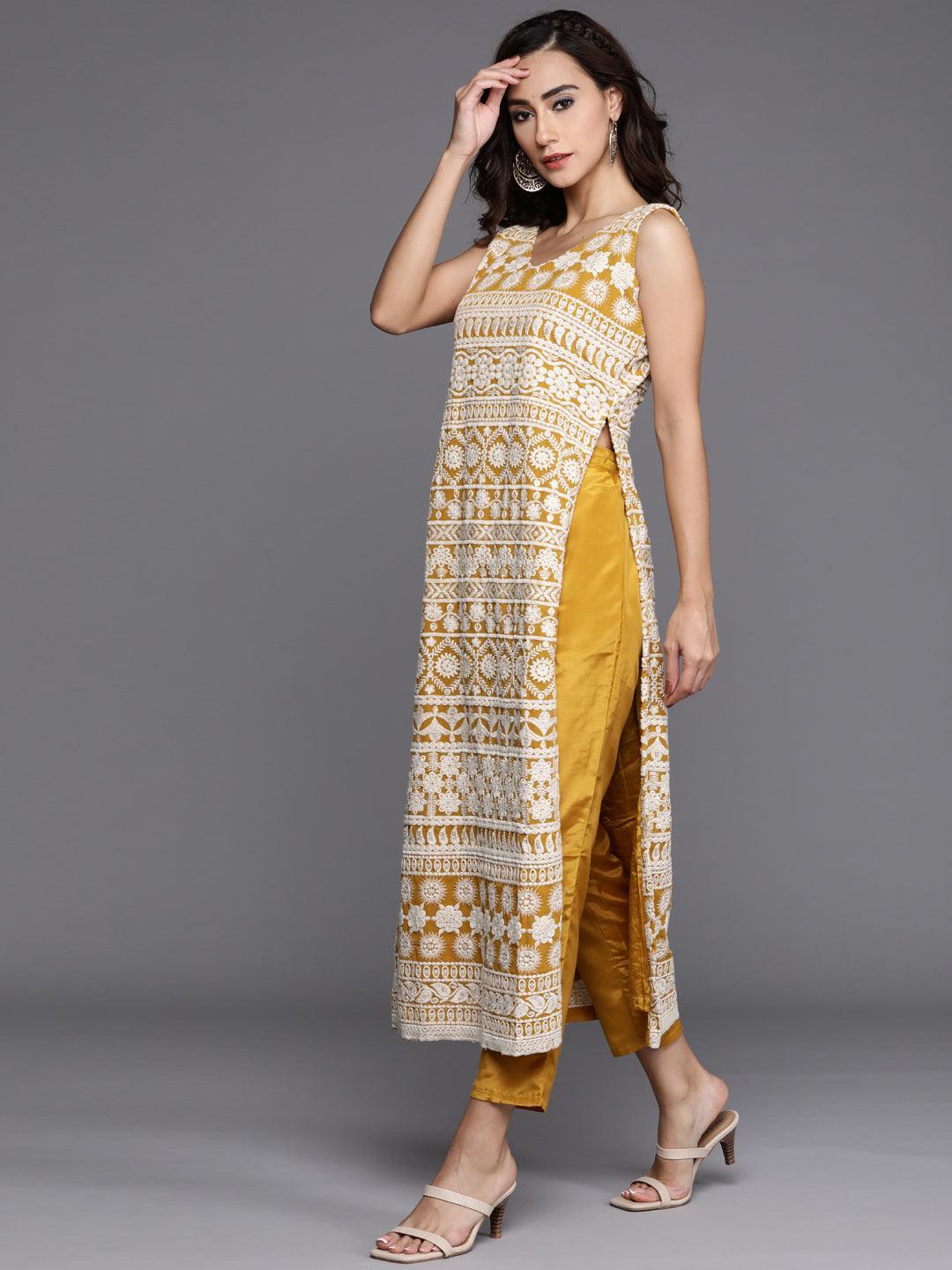 Yellow Embroidered Georgette Straight Kurta With Dupatta