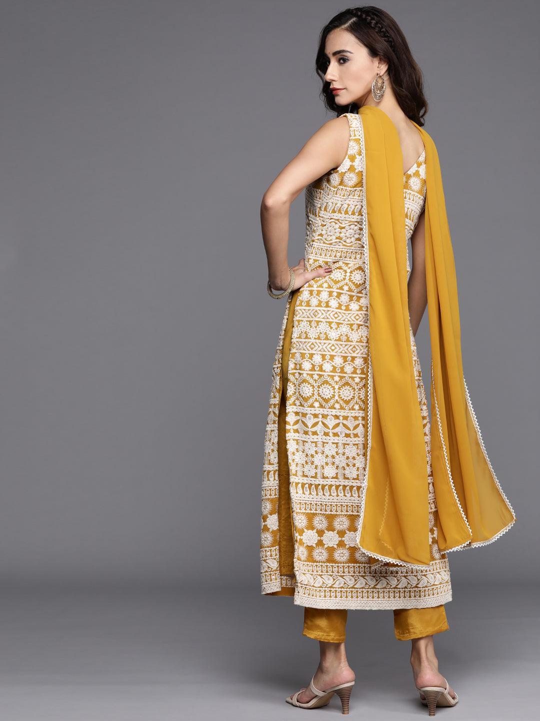 Yellow Embroidered Georgette Straight Kurta With Dupatta