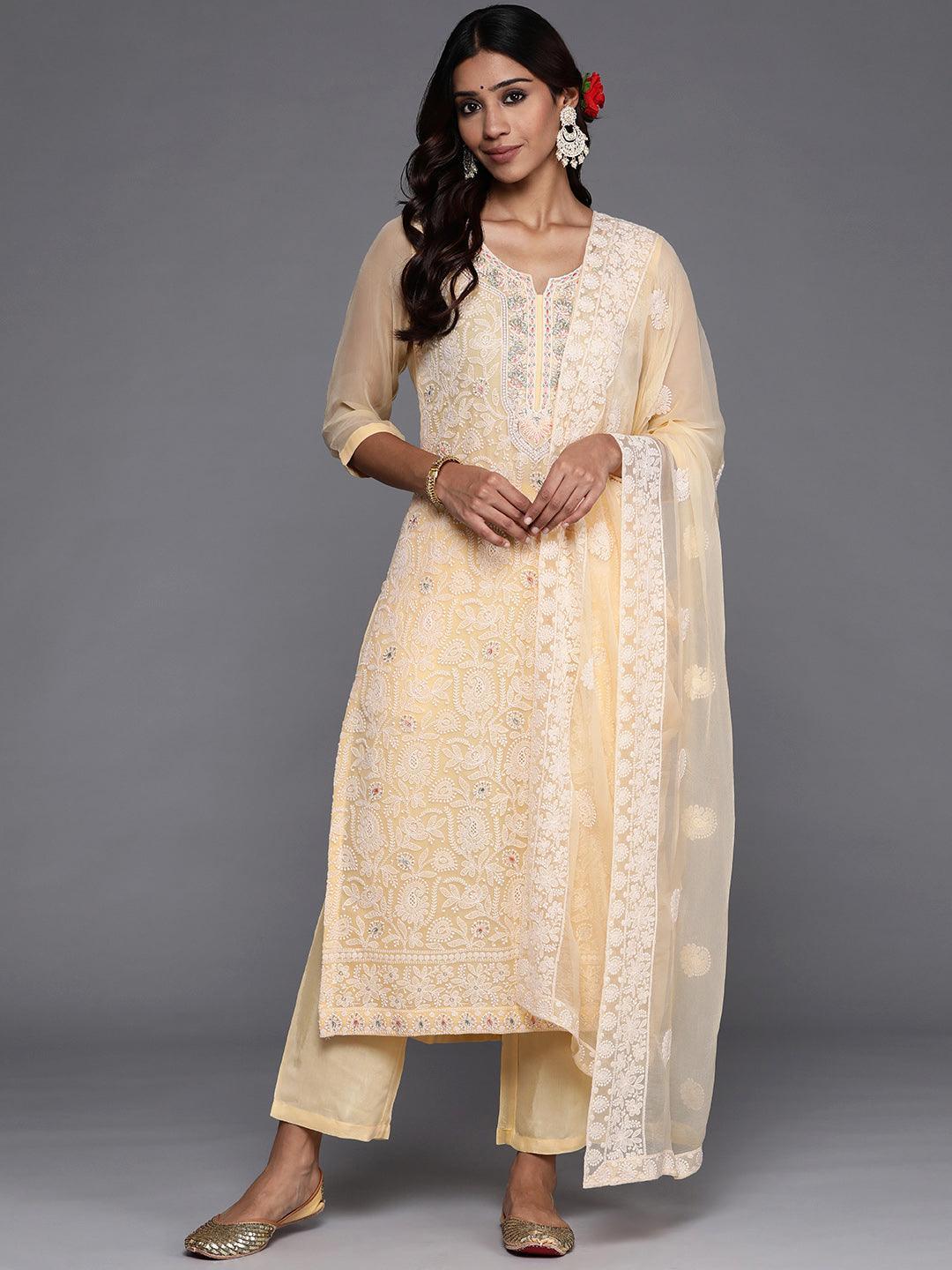 Yellow Embroidered Georgette Straight Kurta With Trousers & Dupatta