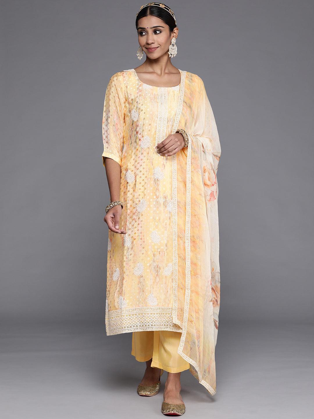 Yellow Embroidered Georgette Straight Kurta With Trousers & Dupatta