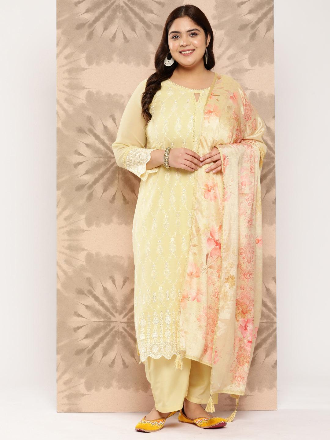 Yellow Embroidered Georgette Straight Kurta With Trousers and Dupatta