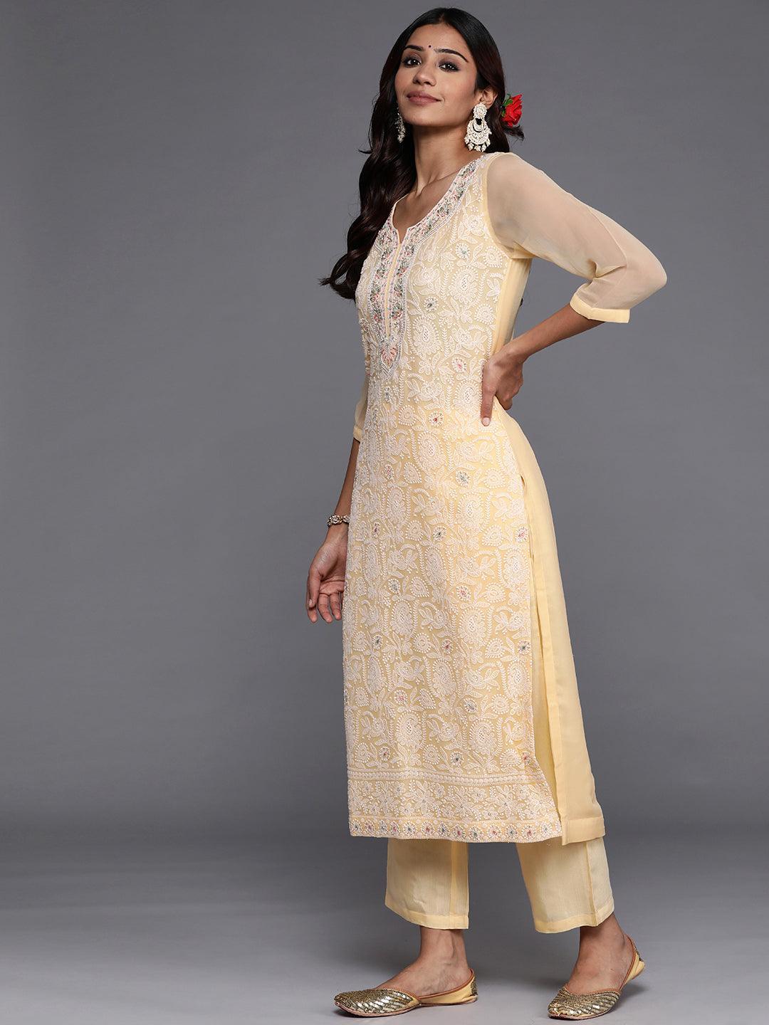 Yellow Embroidered Georgette Straight Kurta With Trousers & Dupatta