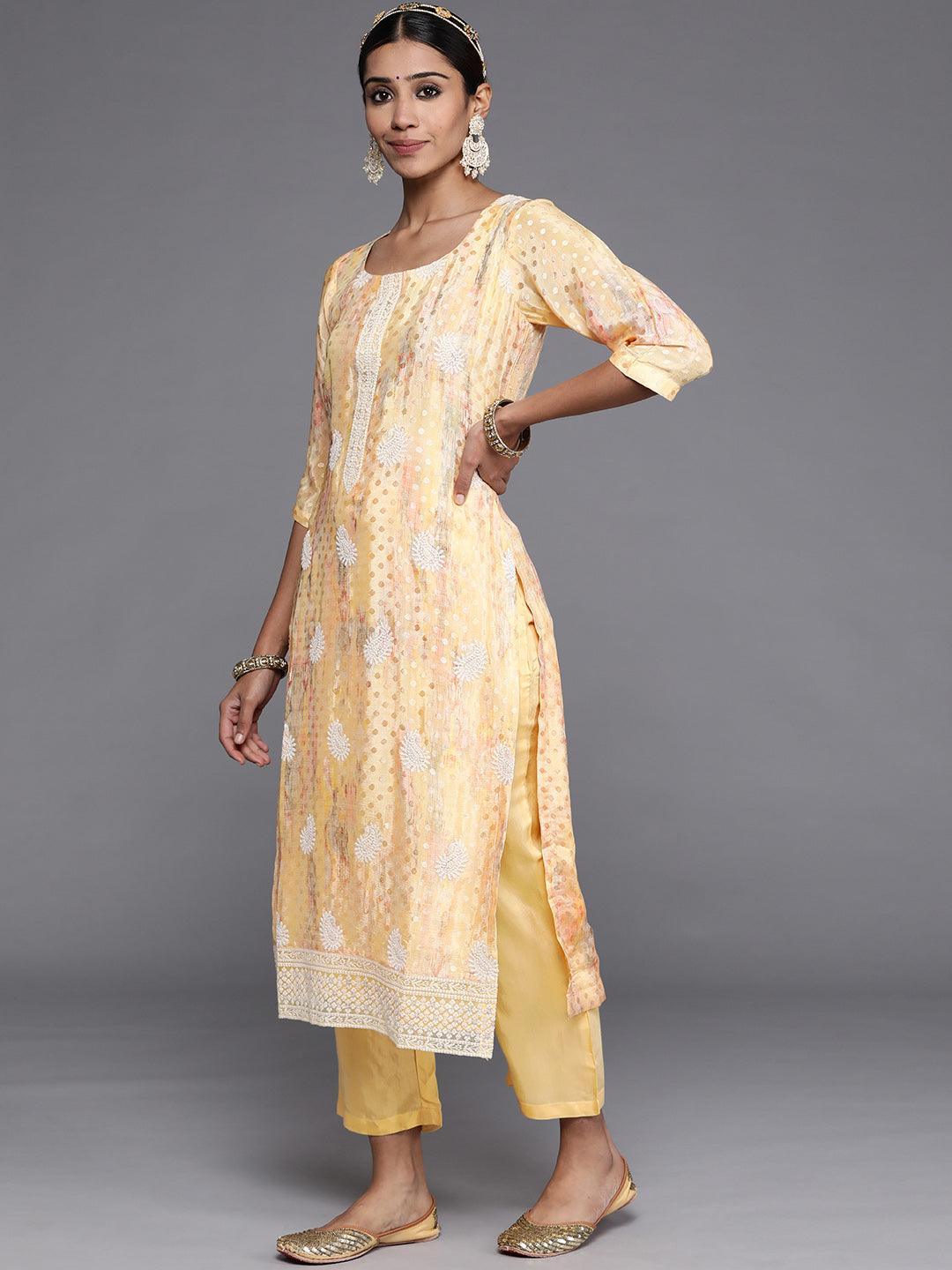 Yellow Embroidered Georgette Straight Kurta With Trousers & Dupatta