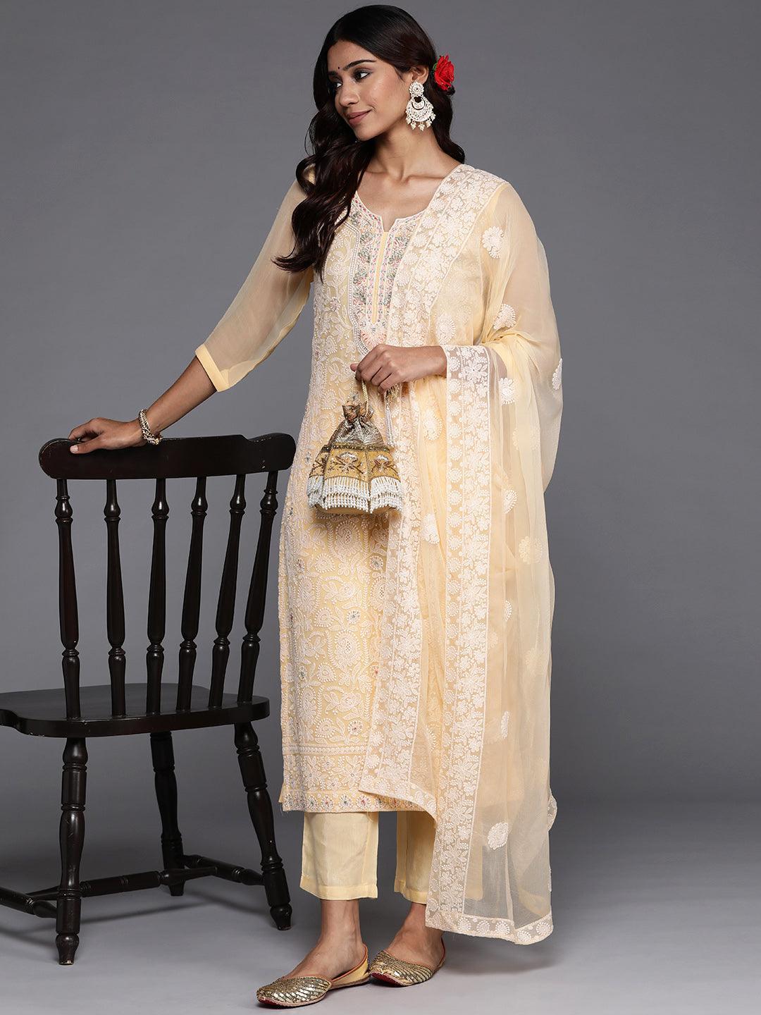 Yellow Embroidered Georgette Straight Kurta With Trousers & Dupatta