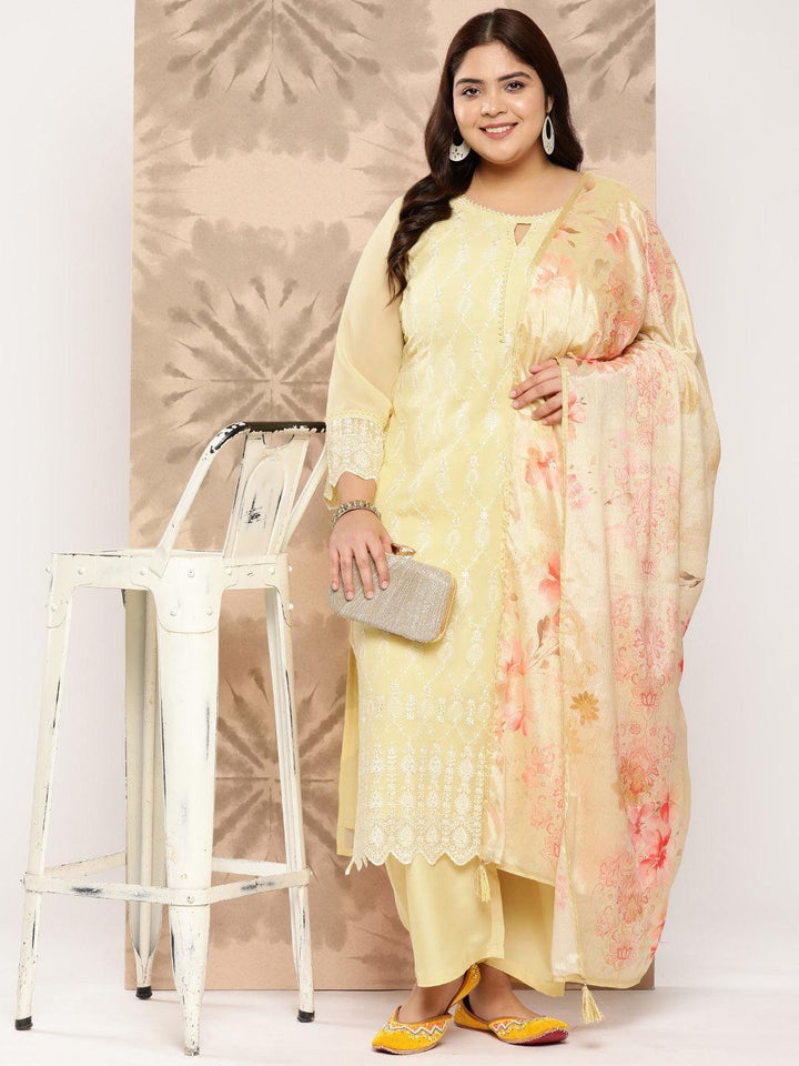 Yellow Embroidered Georgette Straight Kurta With Trousers and Dupatta - Libas