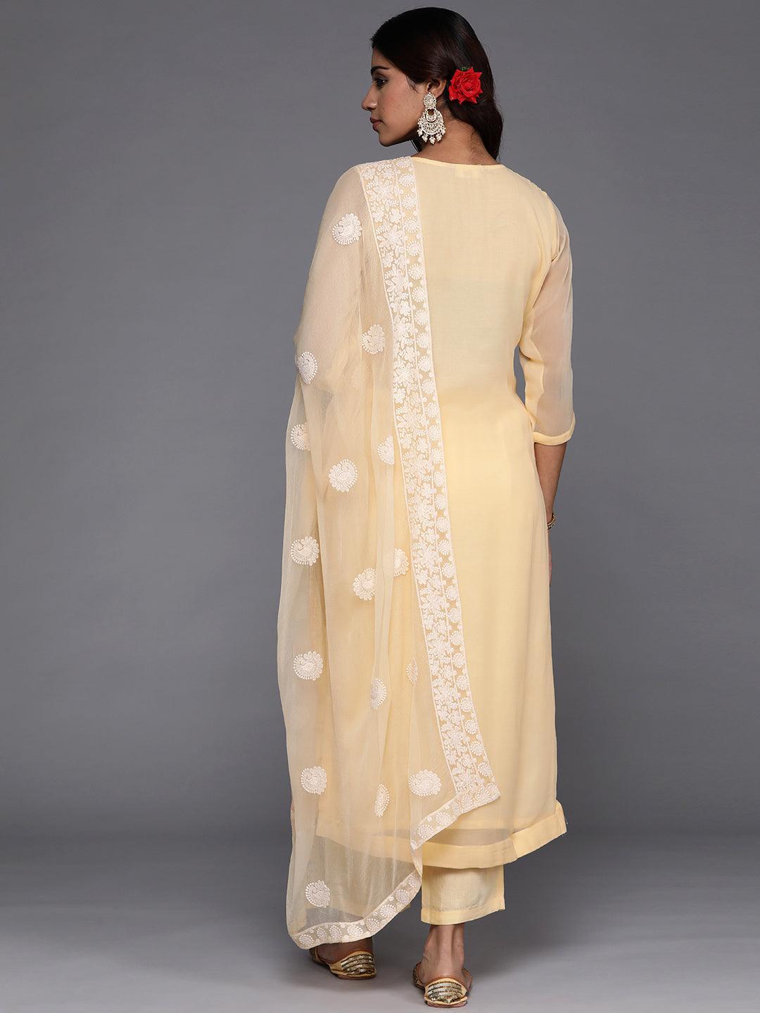 Yellow Embroidered Georgette Straight Kurta With Trousers & Dupatta