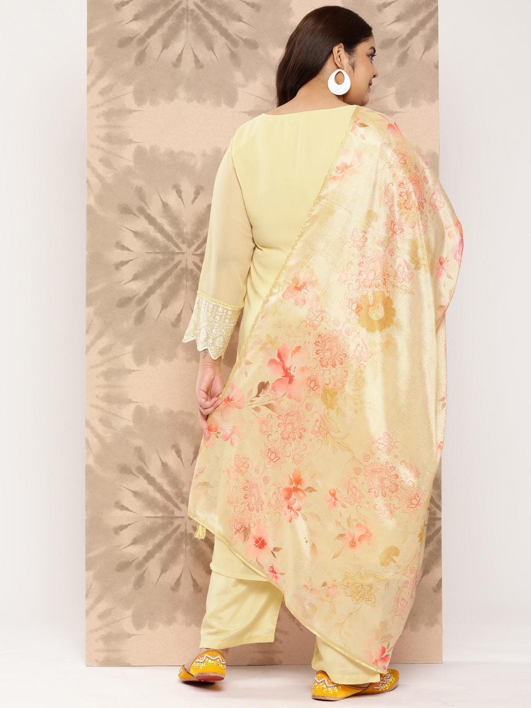 Yellow Embroidered Georgette Straight Kurta With Trousers and Dupatta