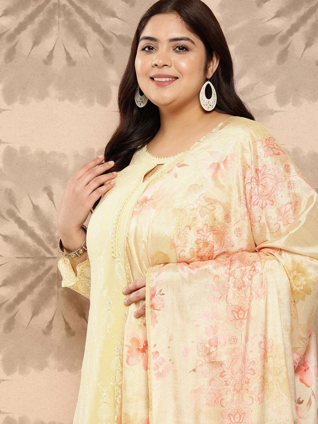 Yellow Embroidered Georgette Straight Kurta With Trousers and Dupatta