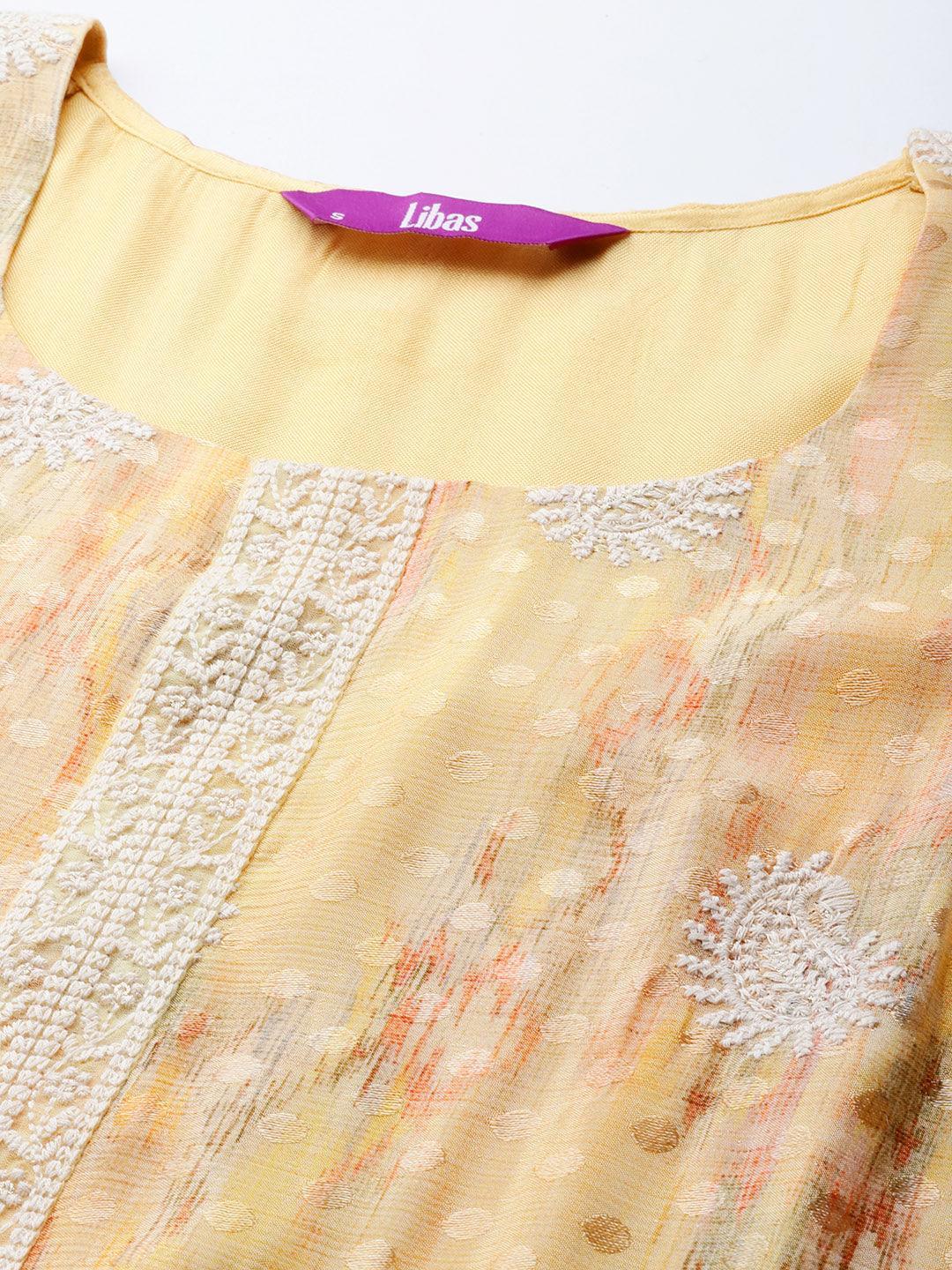 Yellow Embroidered Georgette Straight Kurta With Trousers & Dupatta