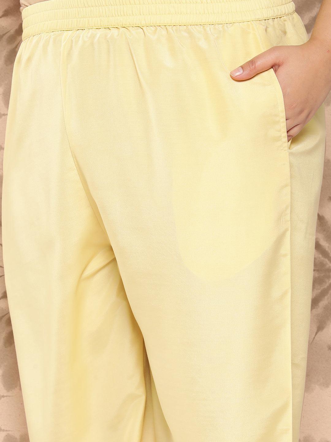 Yellow Embroidered Georgette Straight Kurta With Trousers and Dupatta