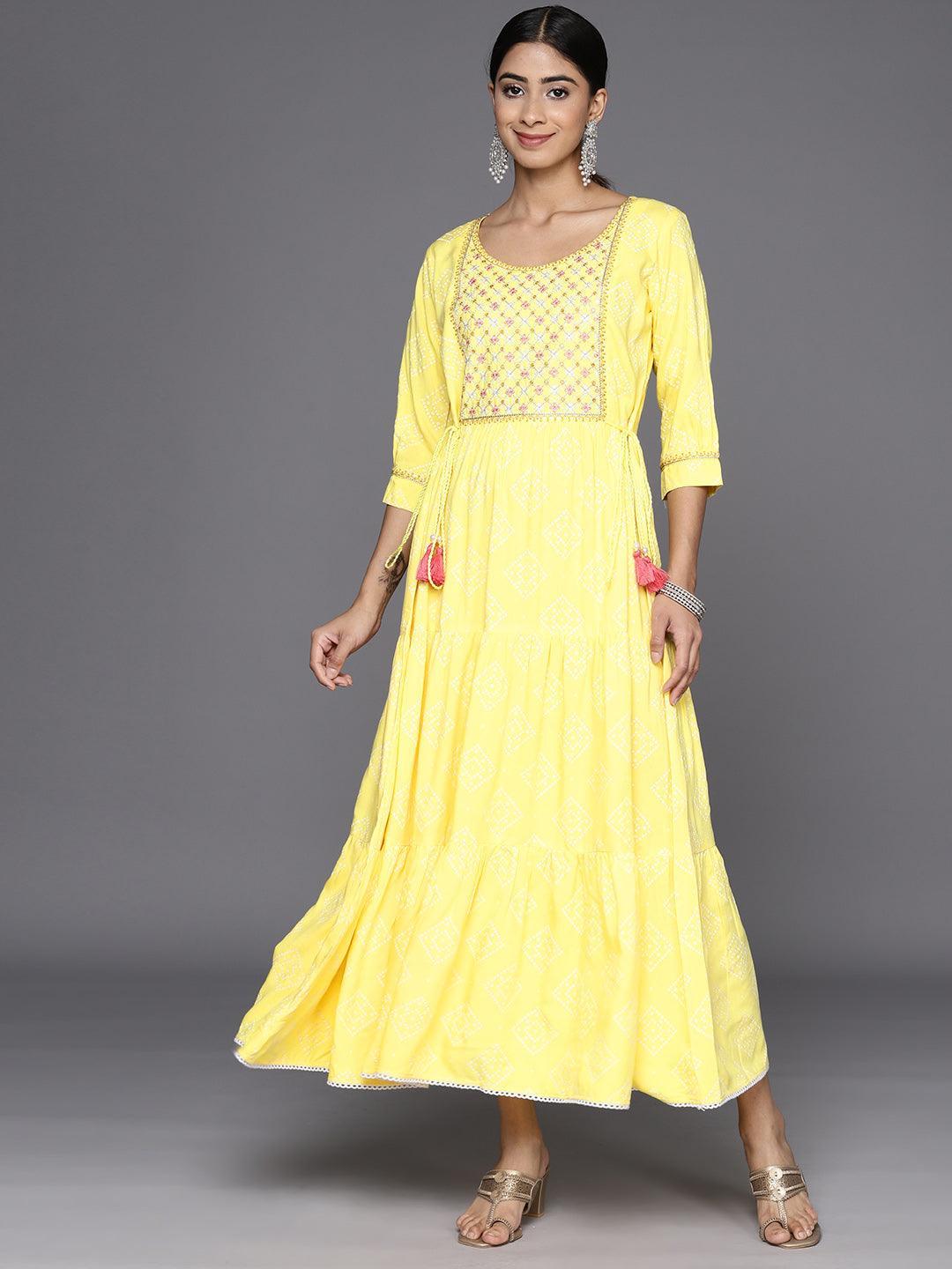 Yellow Embroidered Rayon Fit and Flare Dress