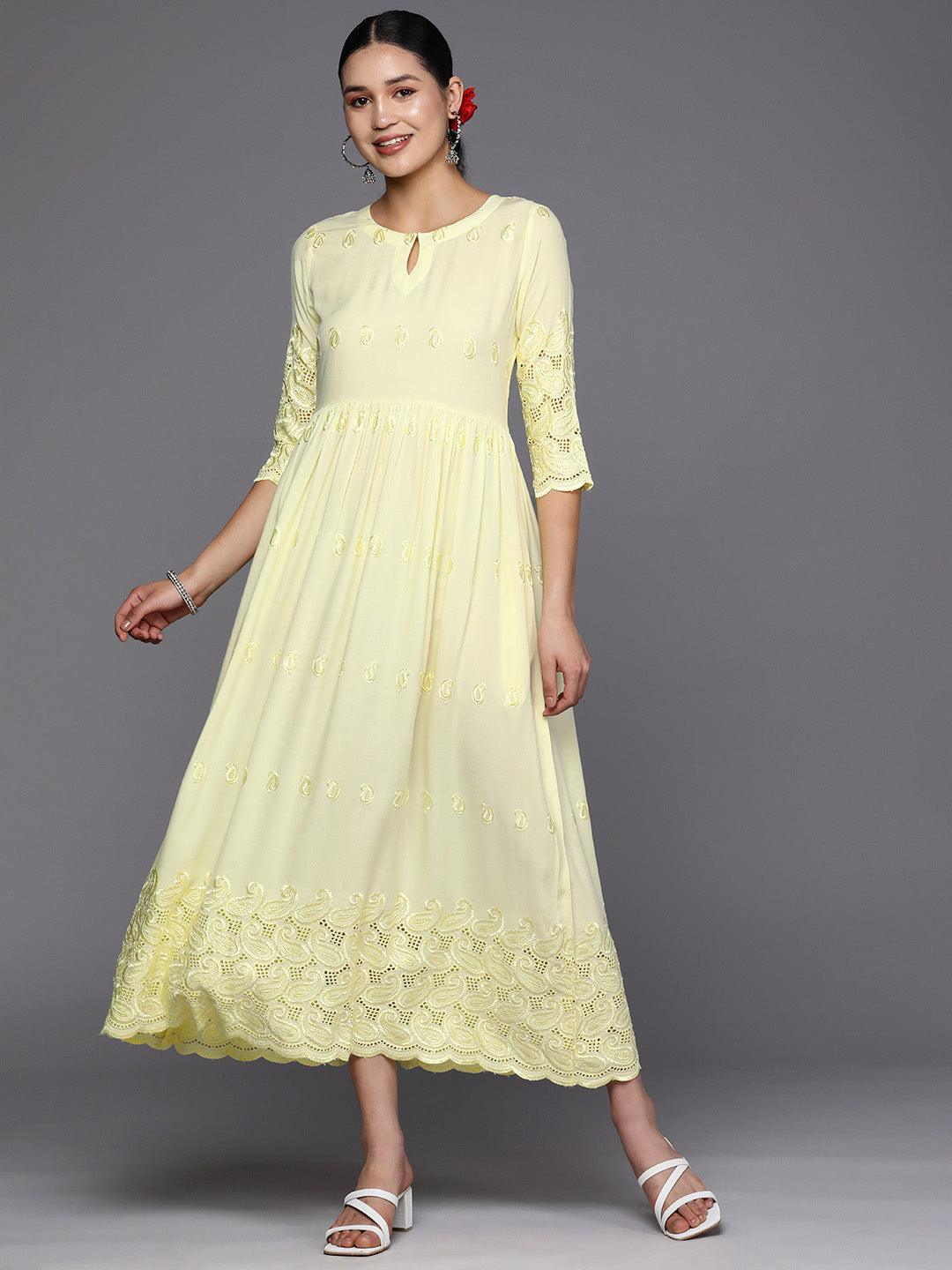 Yellow Embroidered Rayon Fit and Flare Dress