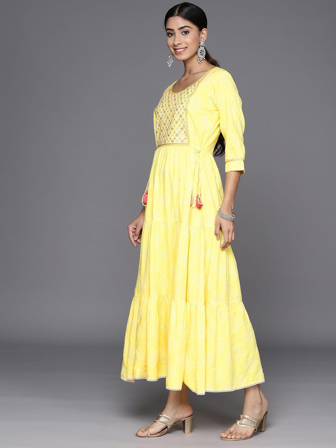 Yellow Embroidered Rayon Fit and Flare Dress