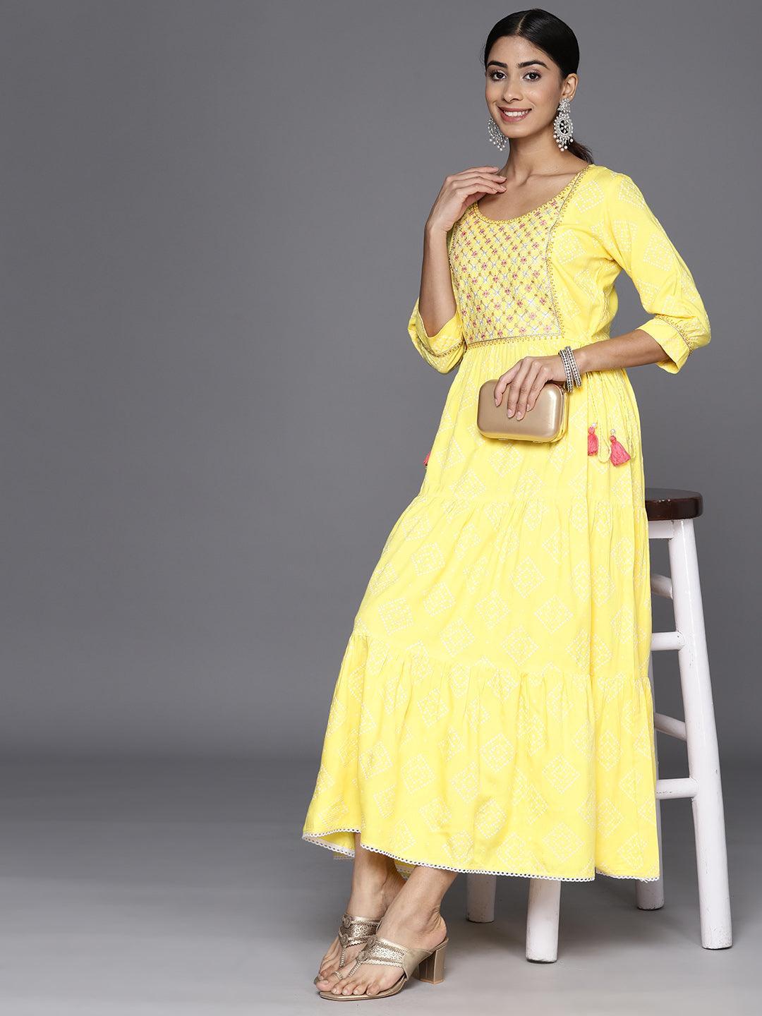 Yellow Embroidered Rayon Fit and Flare Dress