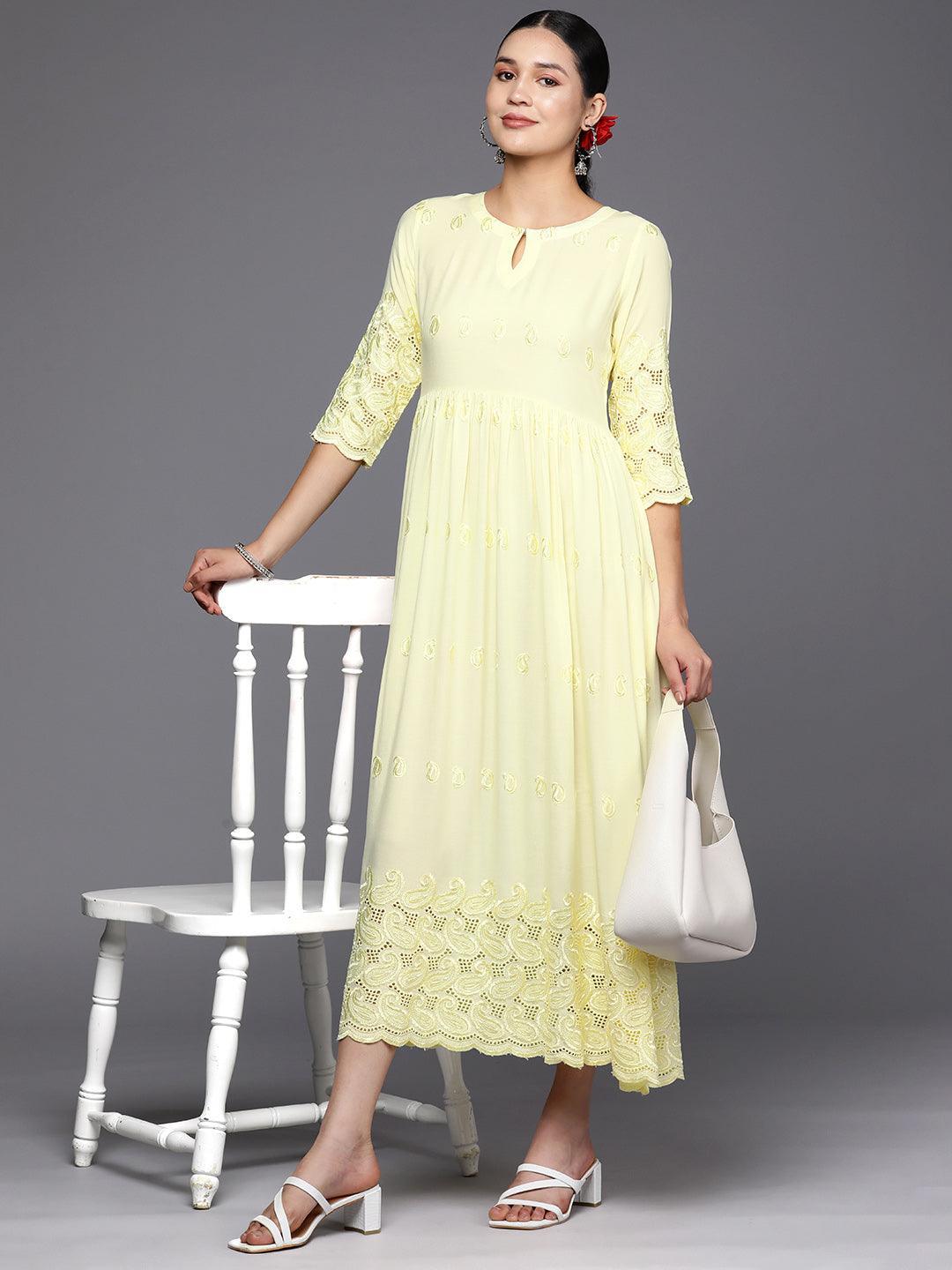 Yellow Embroidered Rayon Fit and Flare Dress