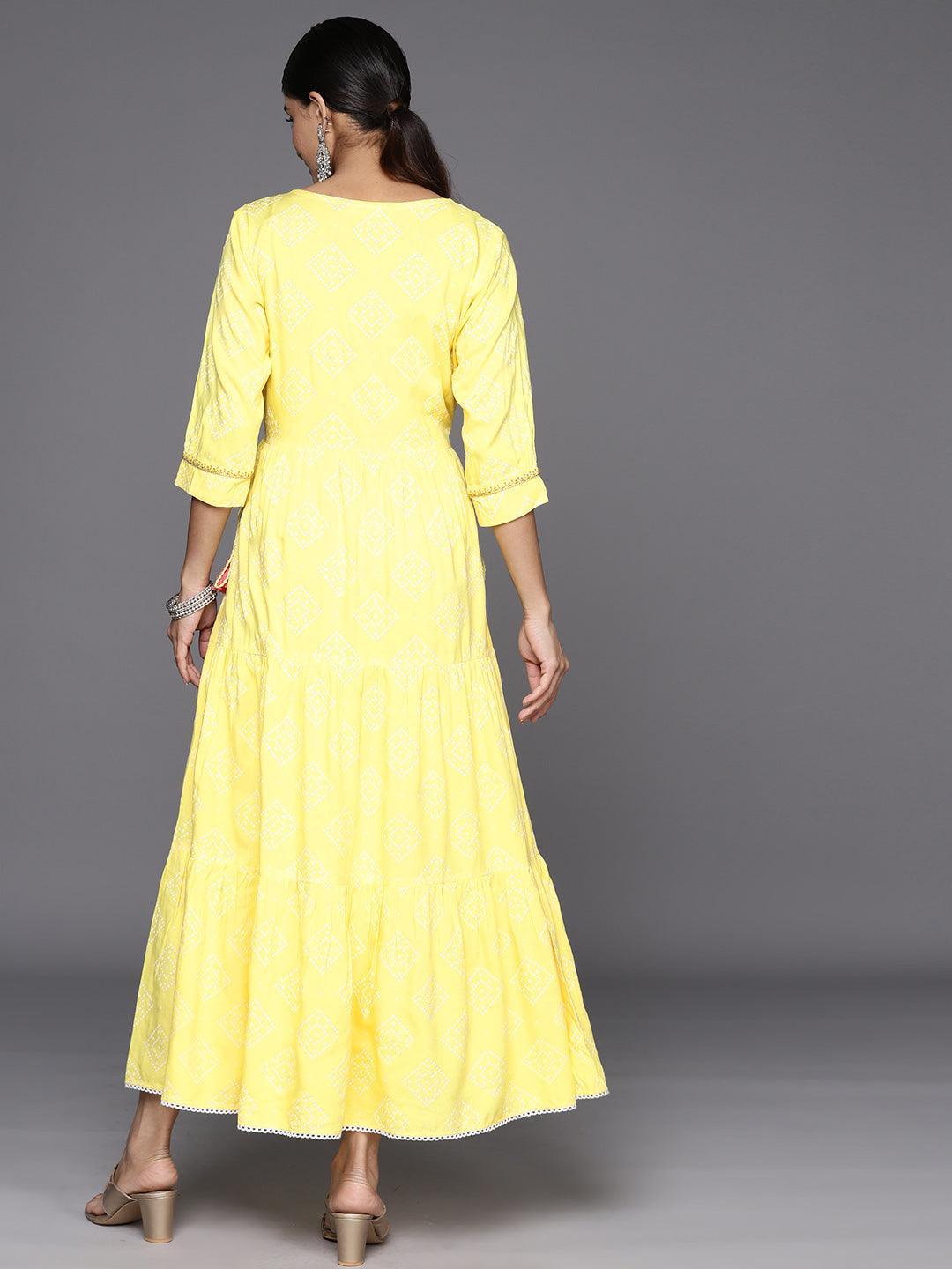 Yellow Embroidered Rayon Fit and Flare Dress