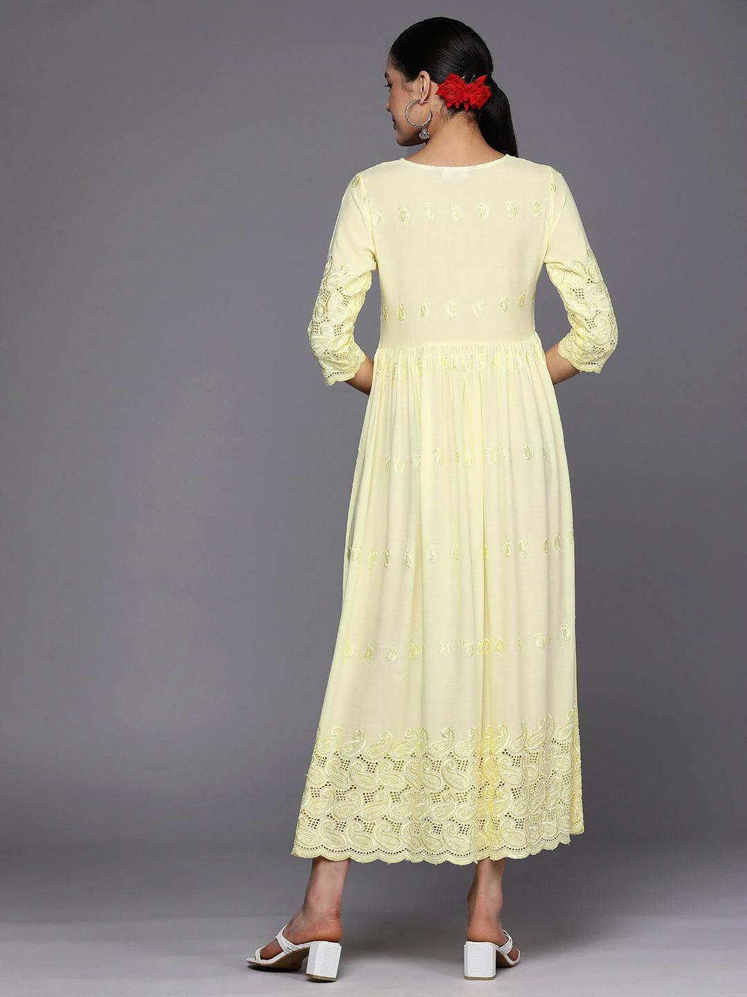 Yellow Embroidered Rayon Fit and Flare Dress