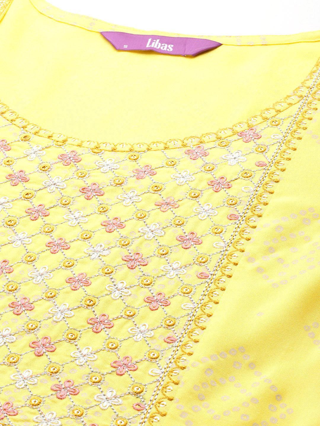 Yellow Embroidered Rayon Fit and Flare Dress