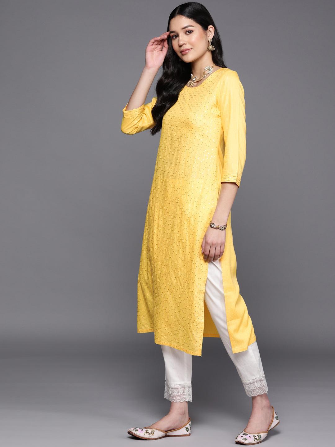 Yellow Embroidered Rayon Straight Kurta