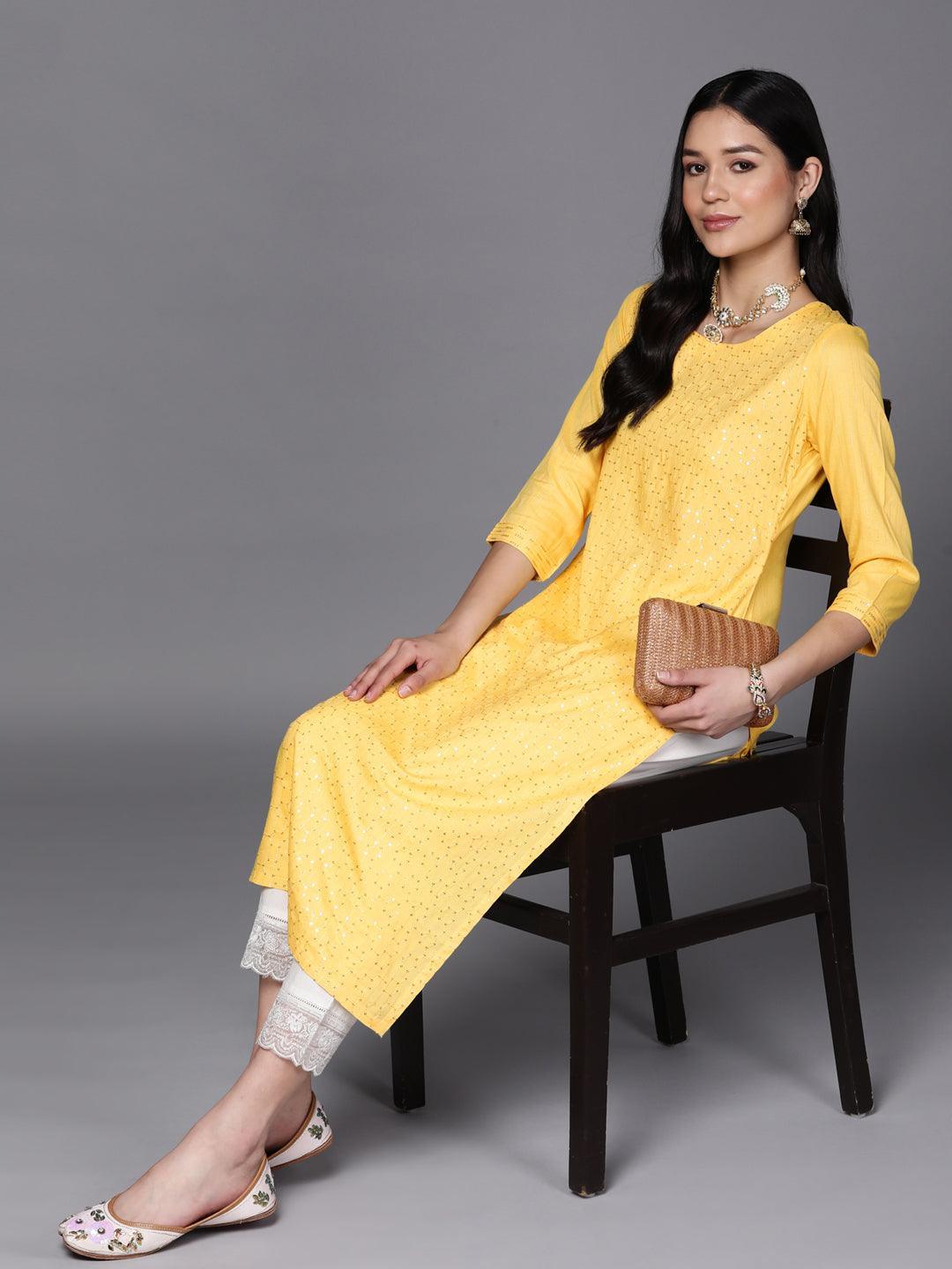 Yellow Embroidered Rayon Straight Kurta