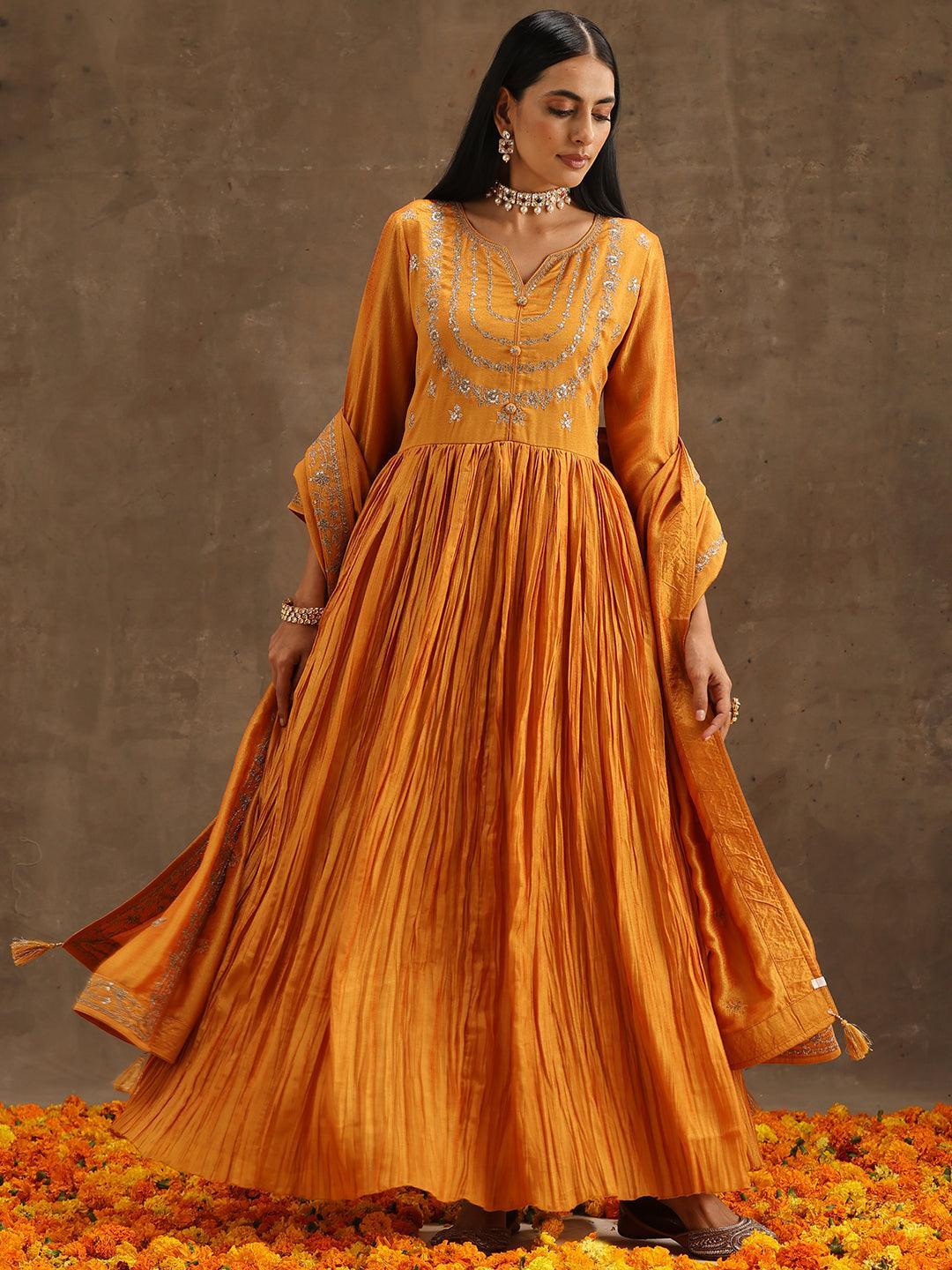 Yellow Embroidered Silk Blend Anarkali Suit Set With Trousers - ShopLibas