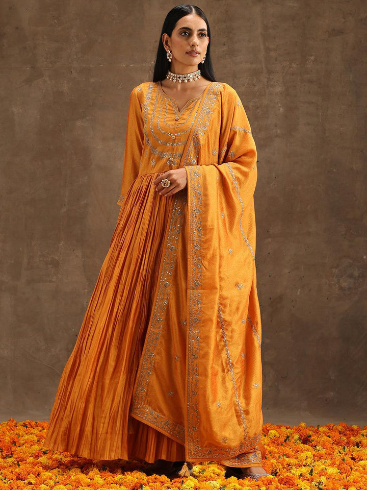 Yellow Embroidered Silk Blend Anarkali Suit Set With Trousers - ShopLibas