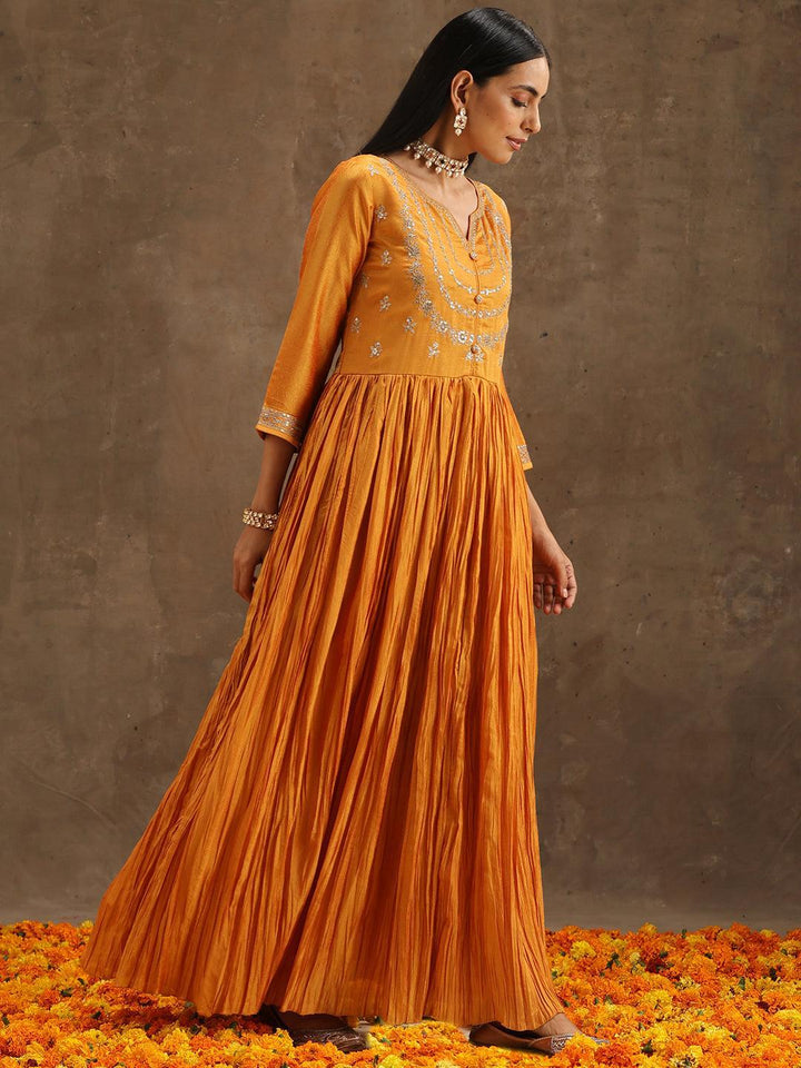 Yellow Embroidered Silk Blend Anarkali Suit Set With Trousers - ShopLibas